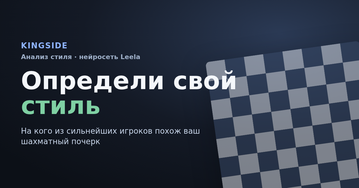Шахматная доска и заголовок «Определи свой стиль» — Kingside